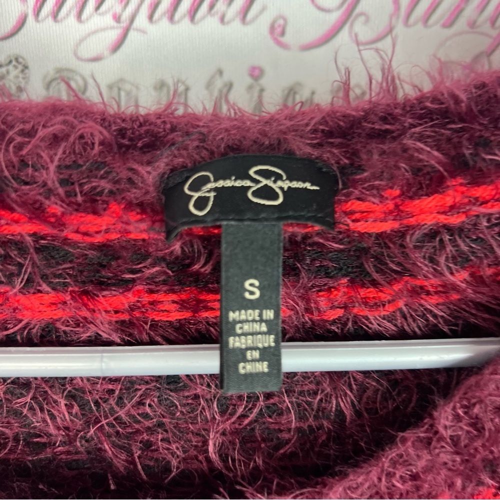 Jessica Simpson sweater furry fuzz stripes Burgundy and Red Fuzzy Sweater - Picture 5 of 8